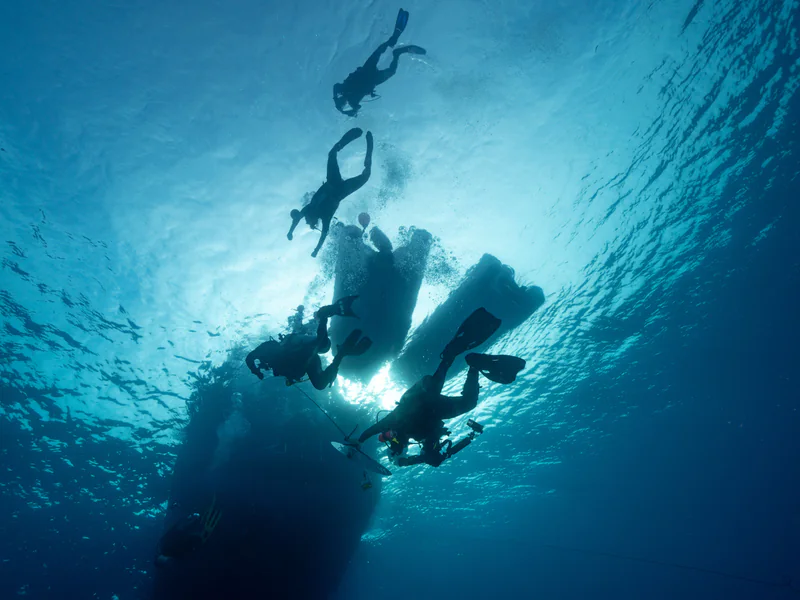 ROV inspecting underwater port piling after sonar has located the area of interest