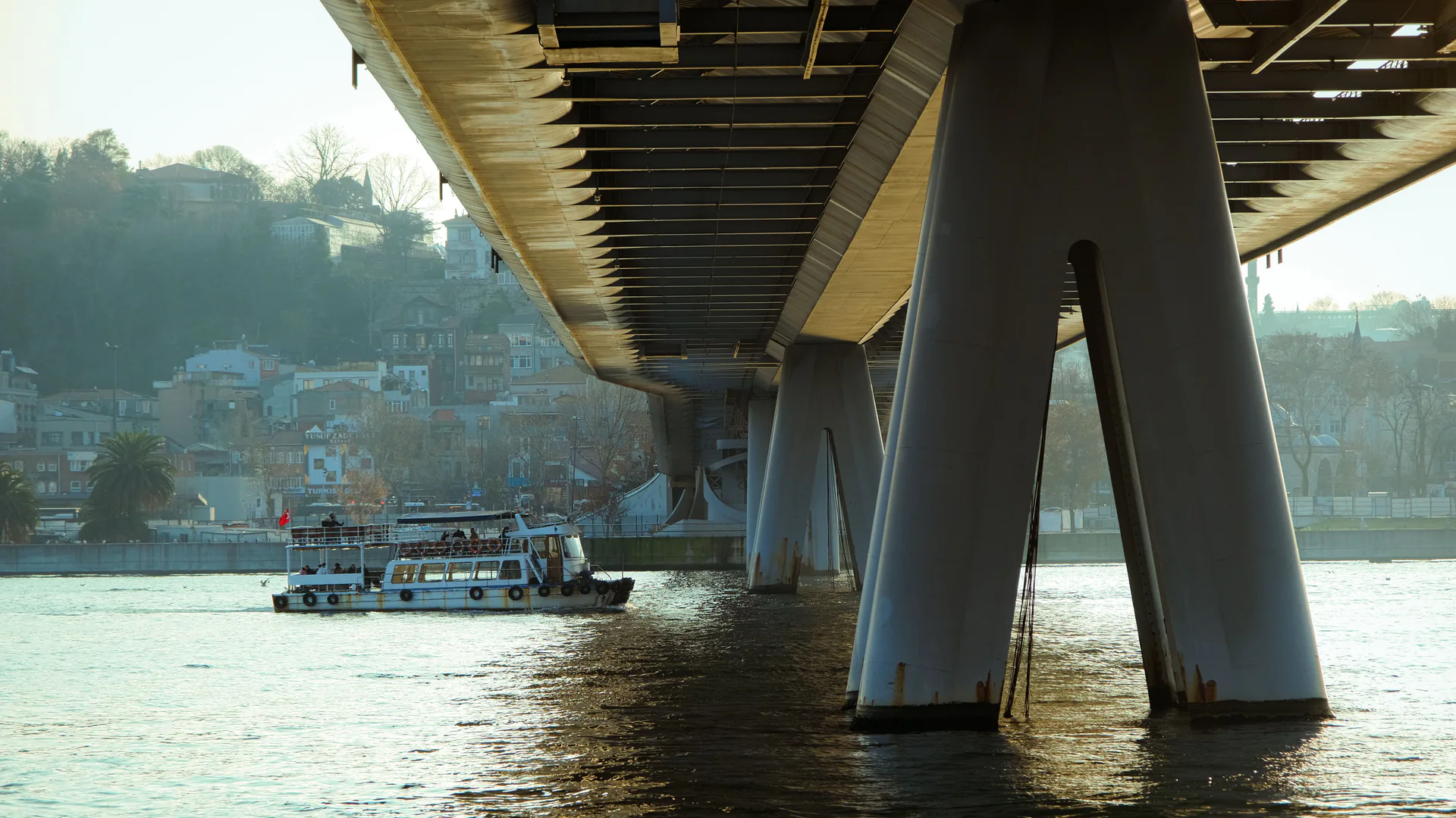 Bridge piers entering a river where an underwater inspection must map submerged elements and blind zones