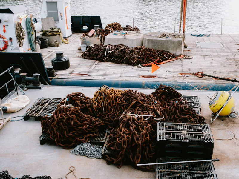 Oceanographic instrument and cable handling on a survey vessel deck similar to a side-scan towfish workflow