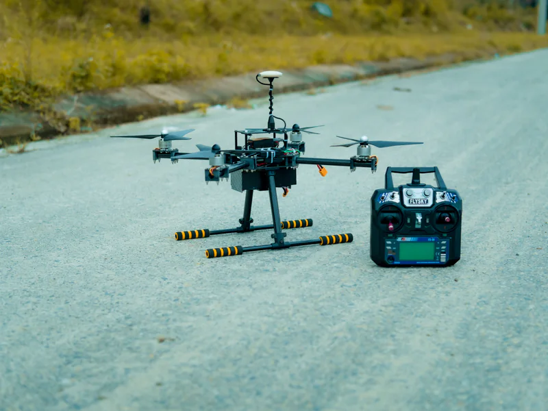 Professional drone launch area illustrating obstacle transition and alternate recovery planning for a VTOL system