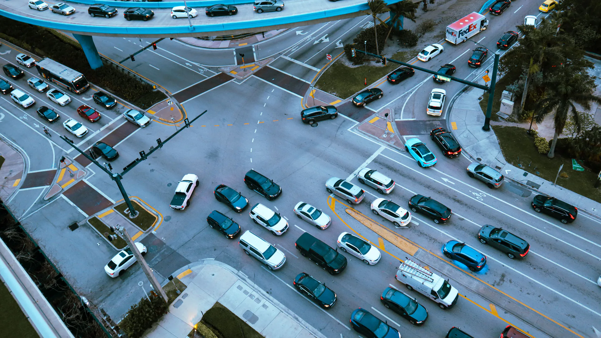 Urban signalized intersection where traffic radar sensors must define lanes zones and vehicle movements