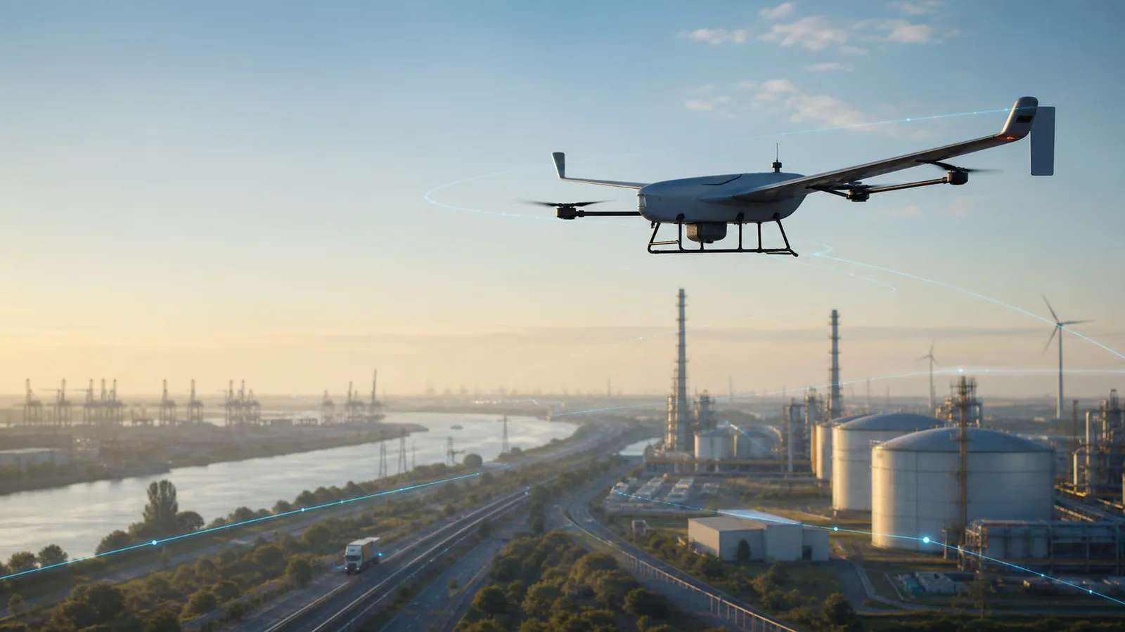 Illustrative VTOL aircraft operating above an industrial corridor with coordinated low-altitude routes