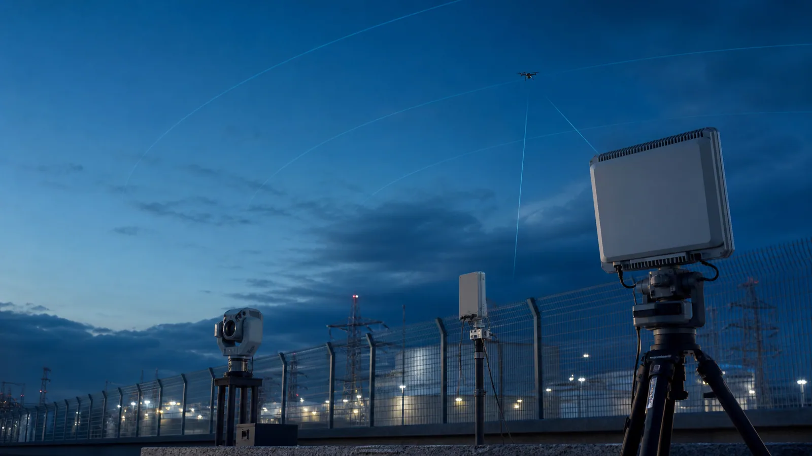 Illustrative radar, RF and electro-optical sensors around a protected industrial site at dusk