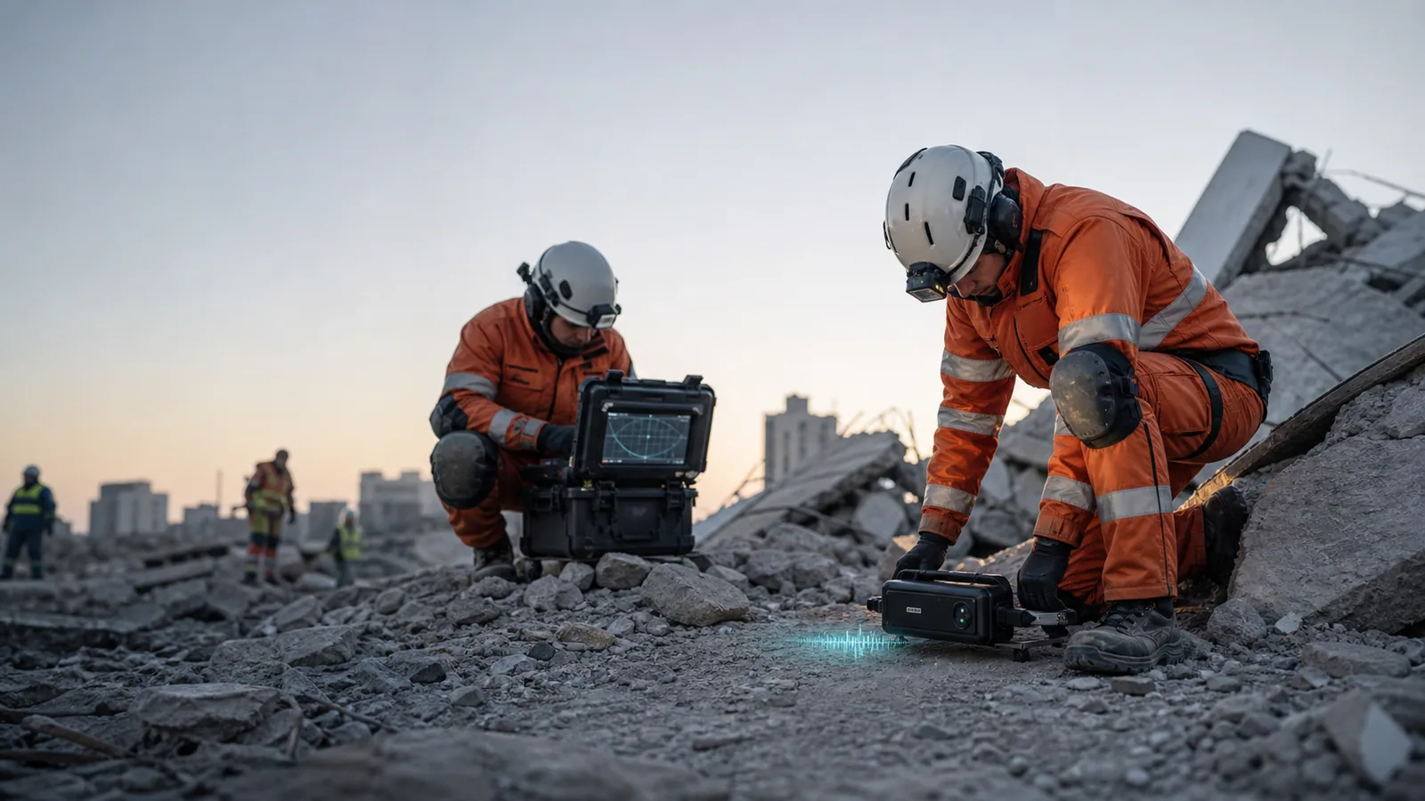 Illustrative trained rescuers using life-detection instruments on a collapsed structure