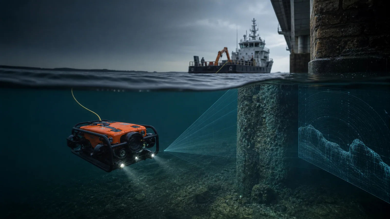 Illustrative inspection ROV using acoustic sensing around a bridge foundation